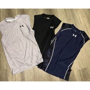 3 under armour mens sleeveless shirts Heat Gear Large Grey Black Blue Tank Top
